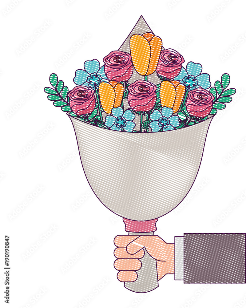 hand holding beautiful bouquet flowers natural vector illustration hand holding beautiful bouquet flowers natural vector illustration
