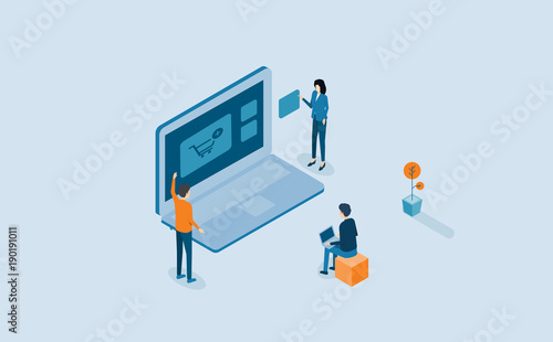 web develop and web design process with isometric flat people business team working  and project brainstorming concept