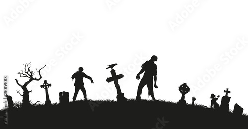 Black silhouette of zombies on cemetery background. Nightmare landscape with dead people. Panorama of undead monster and gravestone. Halloween