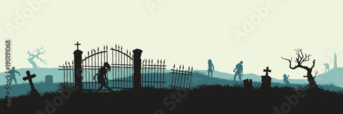 Black silhouette of zombies on cemetery background. Nightmare landscape with dead people. Panorama of undead monster and gravestone. Halloween vector illustration