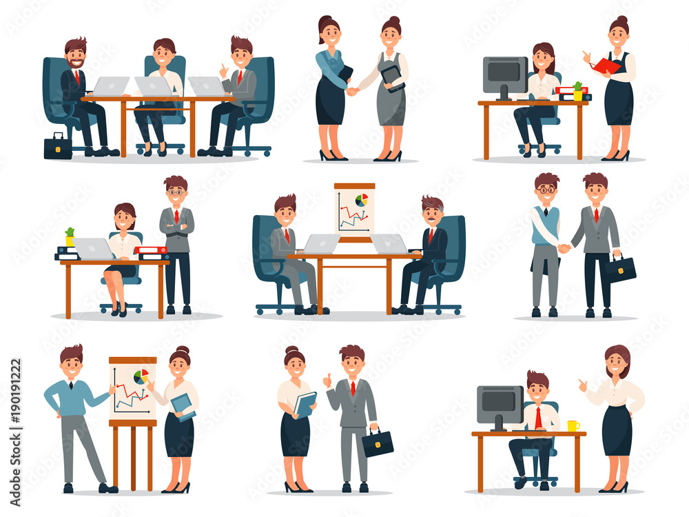 Business people characters at work set, male and female workers at workplace in office cartoon vector Illustrations