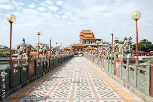 View of Guardian buddhist temple from a bridge on Lotus Pond in Kaohsiung, Taiwan photo