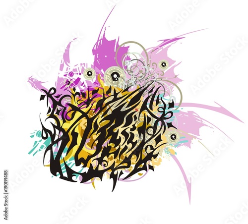 Fototapeta Naklejka Na Ścianę i Meble -  Aggressive lion head colorful splashes. Tribal lion head formed by the horse head with color floral splashes and dragon wings