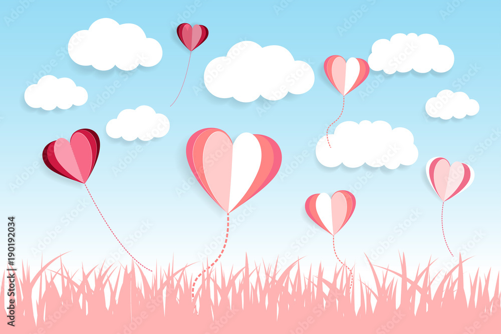 Love and cloud paper cut effect view lanscape background. Ballons of love. Happy Valentine Day