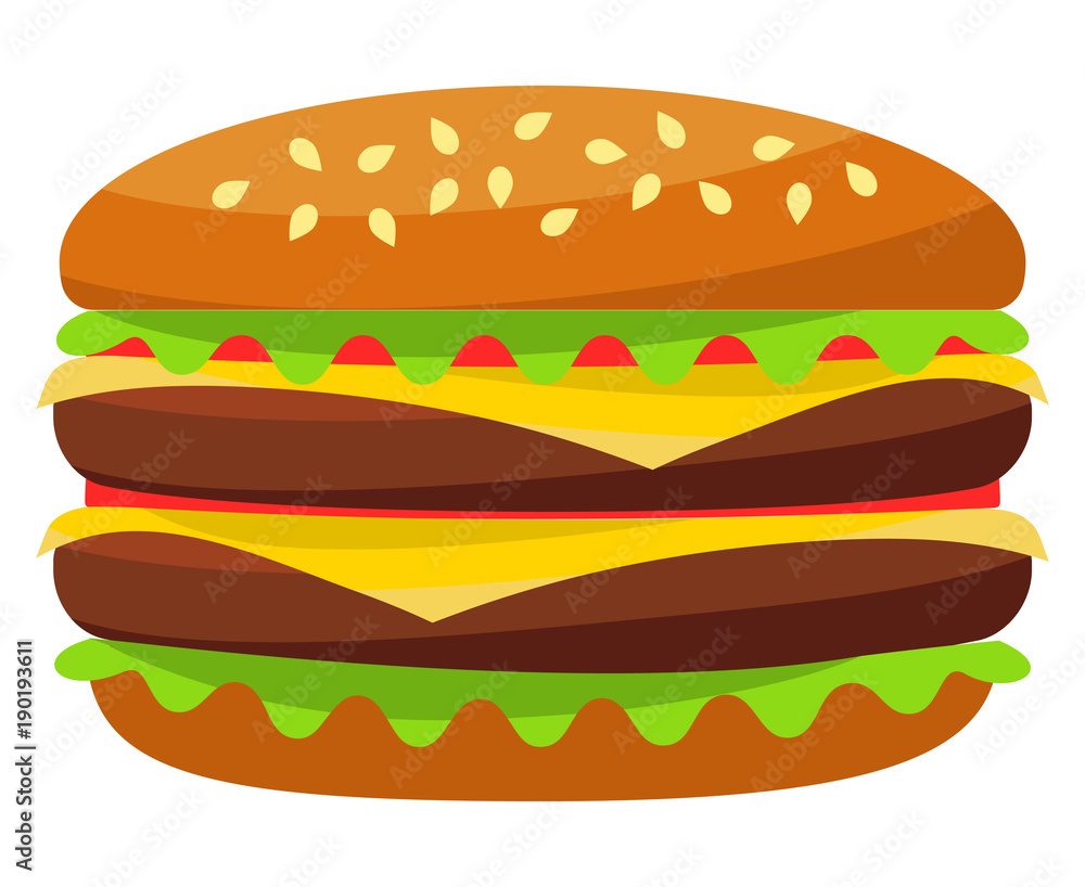 Colorful burger hamburger cheeseburger fast food icon poster isolated on white background. Colorful burger hamburger cheeseburger fast food icon poster isolated on white background.