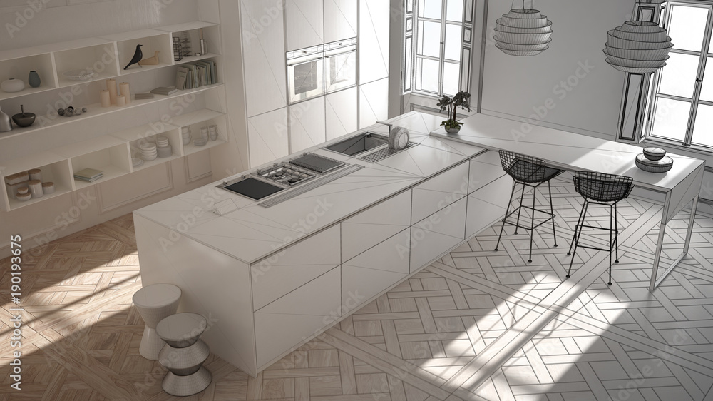 Unfinished project of modern kitchen furniture in classic room, old parquet, minimalist architecture interior design Unfinished project of modern kitchen furniture in classic room, old parquet, minimalist architecture interior design