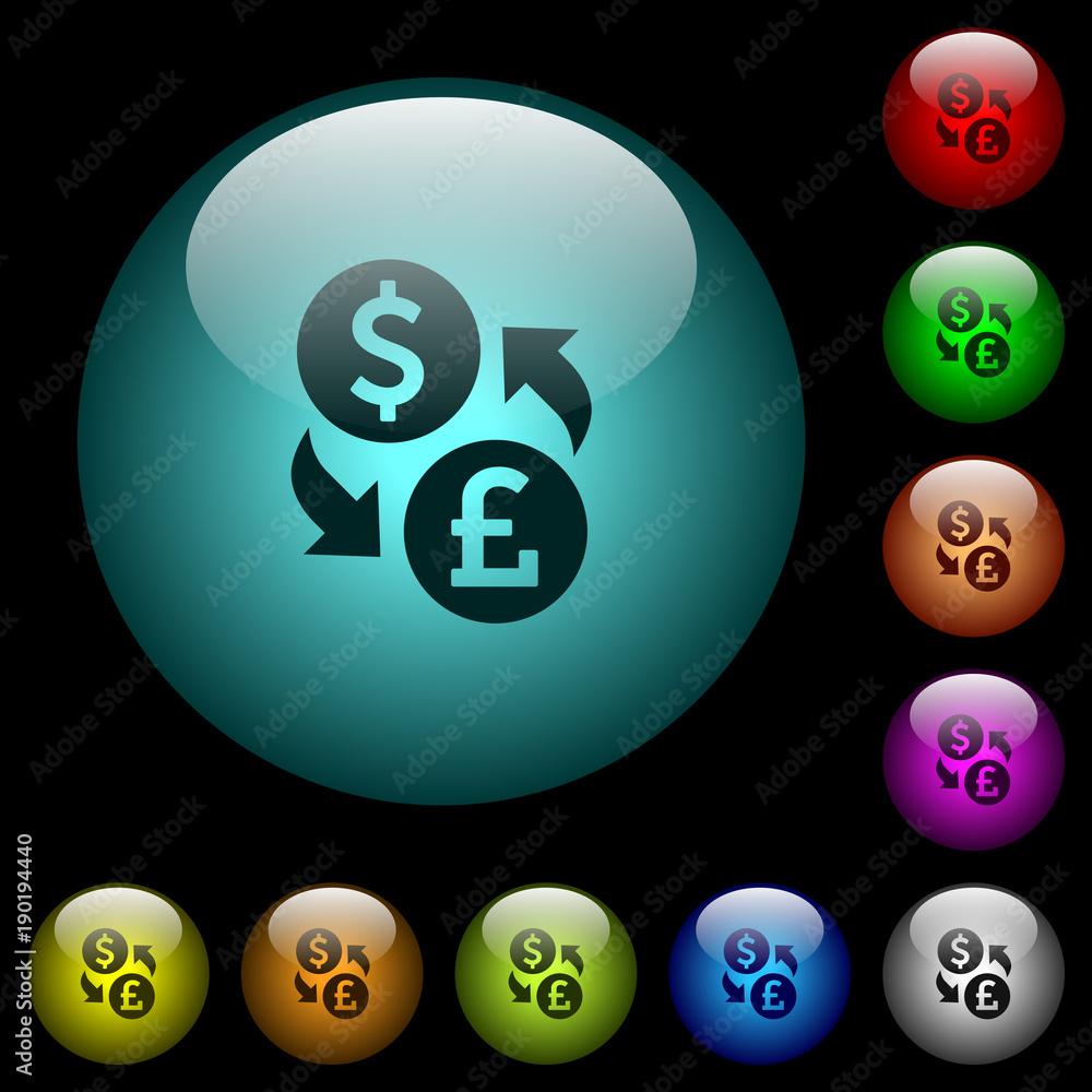 Dollar Pound money exchange icons in color illuminated glass buttons Dollar Pound money exchange icons in color illuminated glass buttons