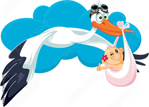 Stork Carrying Baby Girl Vector Cartoon