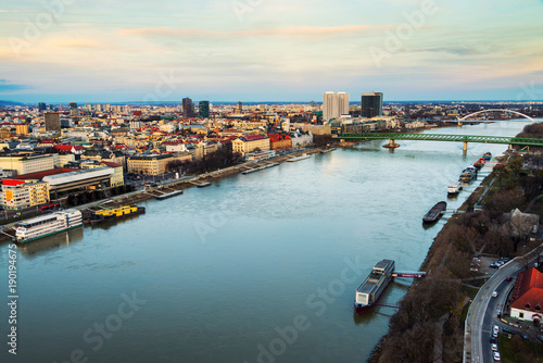 Aerial view of the city landmarks in the capital of Slovak Republic, Bratislava