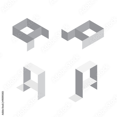 Vector isometric letters A in various foreshortening views. Edge outline alphabet
