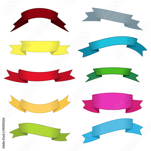 Set of ten multicolor ribbons and banners for web design. Great design element isolated on white background. Vector illustration. 