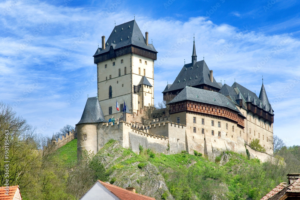 medieval gothic royal castle with ramparts  Karlstejn near Prague, Central Bohemia region, Czech republic. National cultural landmark.
