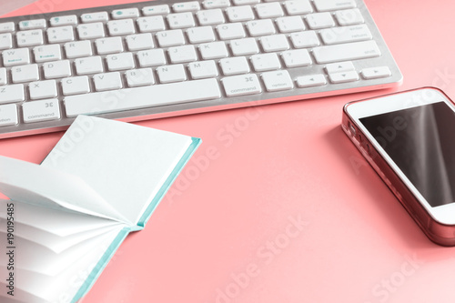 Pink table with copyspace and white laptop (keyboard), smartphone, notebook and succulent plant. Close-up lifestyle background.