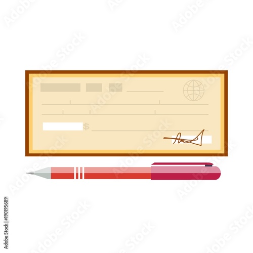 Cheque vector illustration. Cheque icon in flat style. Cheque book on background. Bank check with pen. Concept illustration pay, payment, buy.