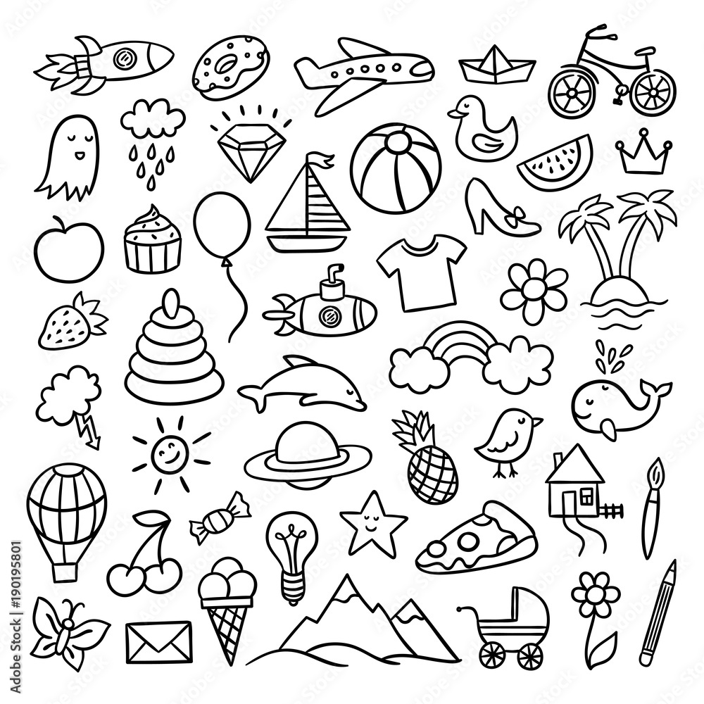 Hand drawn doodle illustrations. Cute vector drawings with different objects