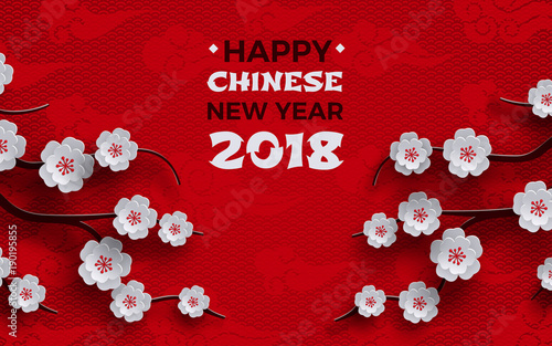 2018 chinese new year banner, red background with traditional sakura cherry flowers on tree branches, clouds, pattern oriental backdrop. Congratulation text, paper cut out style, vector illustration