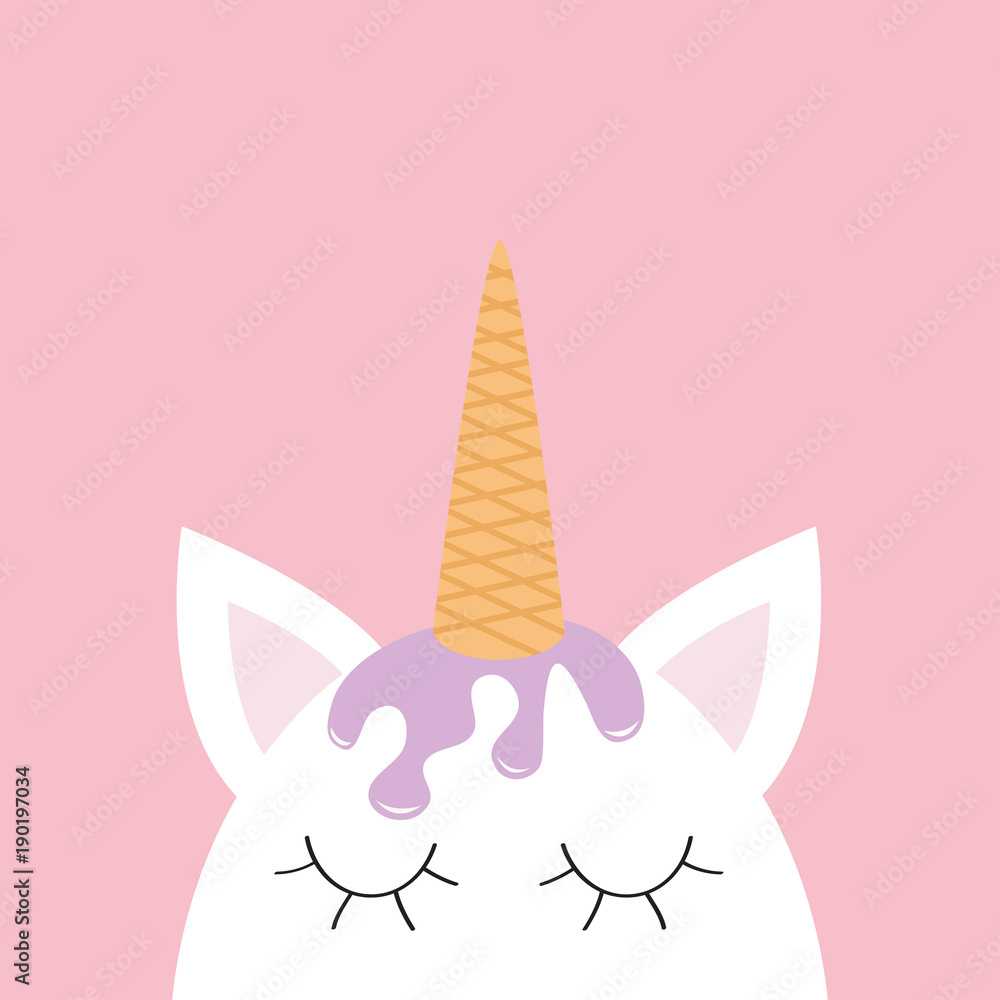Cute unicorn head face. Ice cream hair. Wafer cone horn. Flat lay design.  Pastel color. Cute cartoon kawaii baby character. Funny white horse. Happy  Valentines Day. Love card. Pink background vector de