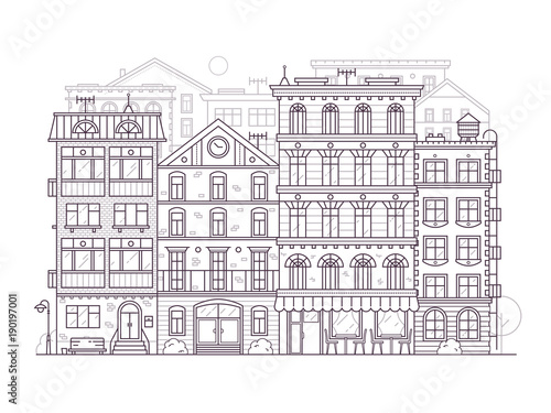 Obraz na płótnie Monochrome Europe city street scene with old european houses facades. Modern town neighborhood skyline with old townhouse residential buildings in line art. Outline San Francisco cityscape background. w salonie