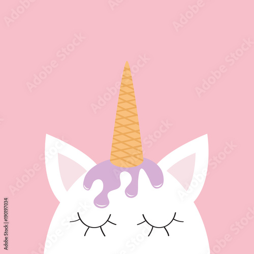 Cute unicorn head face. Ice cream hair. Wafer cone horn. Flat lay design. Pastel color. Cute cartoon kawaii baby character. Funny white horse. Happy Valentines Day. Love card. Pink background