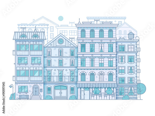 Monochrome Europe city street scene with old european houses facades. Modern town neighborhood skyline with old townhouse residential buildings in line art. Outline San Francisco cityscape background.