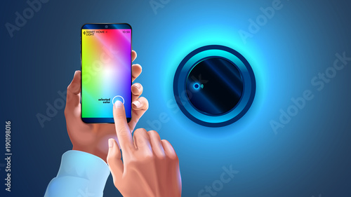Hue app on phone used to control smart lamp in smart home system. Hands holding smartphone, changing color light wall lapm. Wi-fi remote bulb light. Smart phone connection with wireless lamp via wi-fi