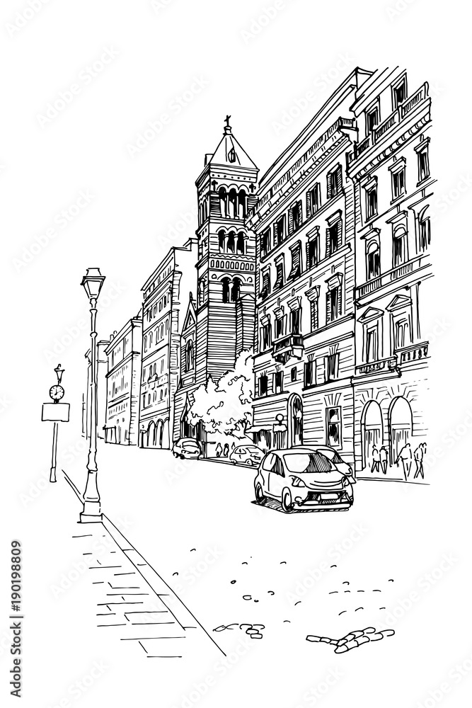 Vector sketch of St Paul's Within the Walls church on Via Nazionale in Rome, Italy