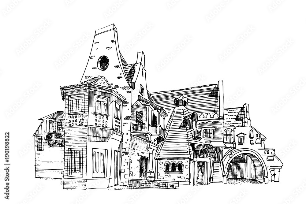 Obraz premium Vector sketch of HOUSE OF THE OWLS (CASINA DELLE CIVETTE) built in 1840 by Giuseppe Jappelli in the the Villa Torlonia, Rome, Italy