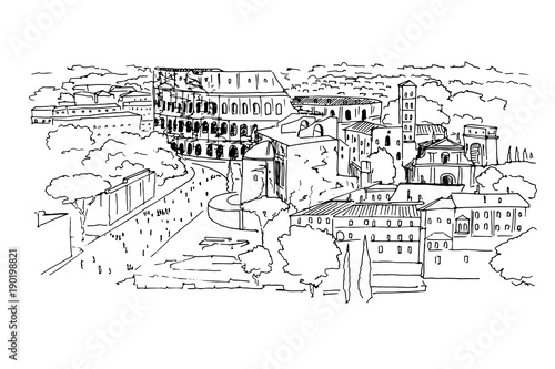 Vector sketch of The Coliseum or Flavian Amphitheatre, Rome, Italy.
