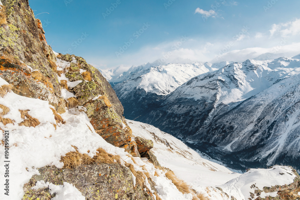 Snow-capped peaks of the Caucasus Mountains. Caucasian landscape Snow-capped peaks of the Caucasus Mountains. Caucasian landscape