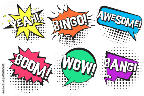 Bright contrast retro comic speech bubbles with colorful YEAH, BINGO, WOW, AWESOME, BANG. Black outline balloons with halftone shadow in pop art style for advertisement, comics book design, label