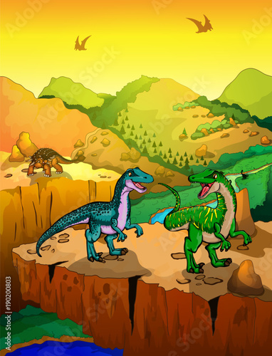 Cute cartoon velociraptors with landscape background. Vector illustration of a cartoon dinosaurs.