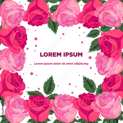 Roses flowers Vector frame decor. Pink floral card backgrounds © castecodesign