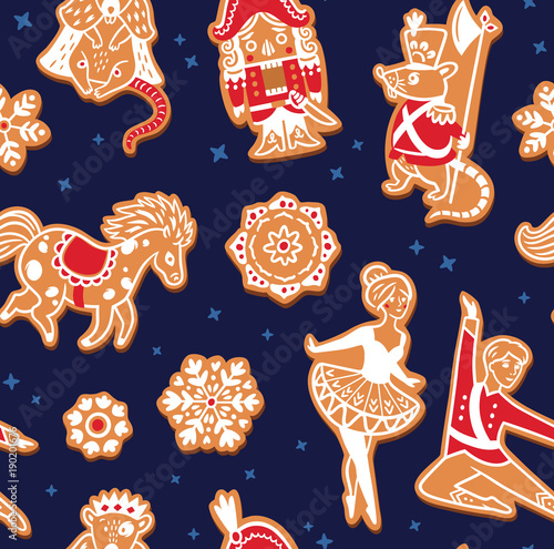 Christmas gingerbread seamless pattern with with Nutcracker characters. Vector illustration