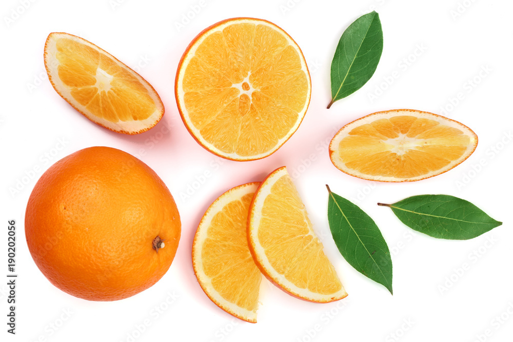 Orange with slice and leaf isolated on the white background. Flat lay pattern. Top view Orange with slice and leaf isolated on the white background. Flat lay pattern. Top view