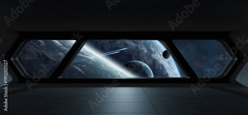 Spaceship futuristic interior with view on exoplanet