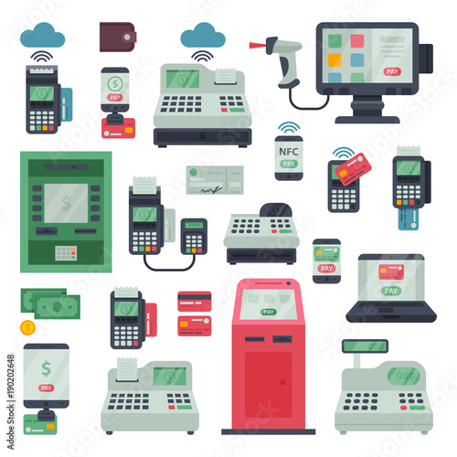 Payment machine vector pos banking terminal and atm bank system for credit card paying through machining cardreader or cash register in store illustration isolated on white background