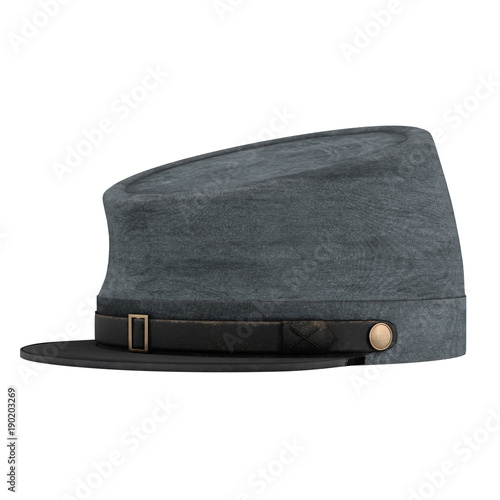 Civil War Confederate Cavalry Hat. American Confederate Kepi. Perspective view. 3D render Illustration isolated on a white background.