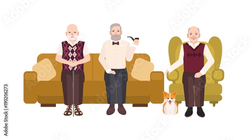 Group of smiling elderly men dressed in casual clothes sitting on comfortable couch and in cozy armchair. Old male cartoon characters reposing together. Colorful vector illustration in flat style.