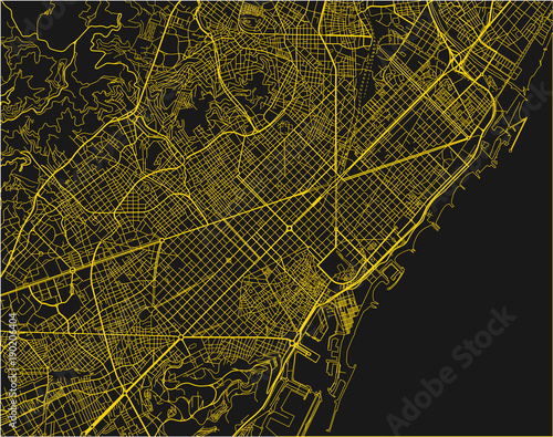 Black and yellow vector city map of Barcelona with well organized separated layers.
