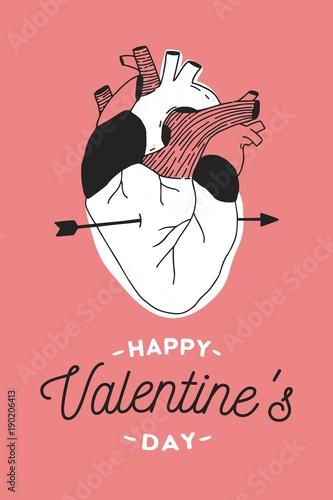 Happy Valentine s day greeting card template with realistic drawing of anatom...