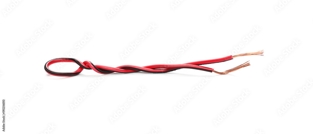 Black and red damaged, cut insulated cable, wire isolated on white background Black and red damaged, cut insulated cable, wire isolated on white background
