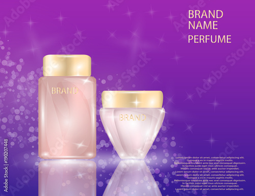 Glamorous face Beauty Care Products Packages and parfume bottle on the sparkling effects background