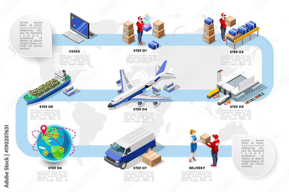 Logistics vehicle freight. Commerce and transport concept. Vector illustration. 3D isometric plane ship and truck for good delivery.