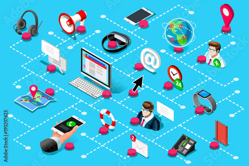 Digital call to help center support. contact us service isometric infographic. Vector illustration.