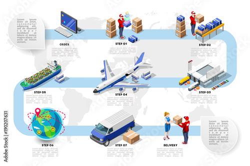 Logistics vehicle freight. Commerce and transport concept. Vector illustration. 3D isometric plane ship and truck for good delivery.