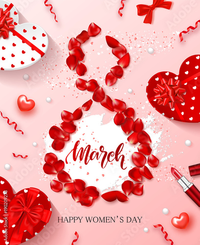 8 March - Happy Women s Day Festive Card. Beautiful Background with gift boxes in heart shape, rose petals, bow, lipstick and serpentine. Vector Illustration