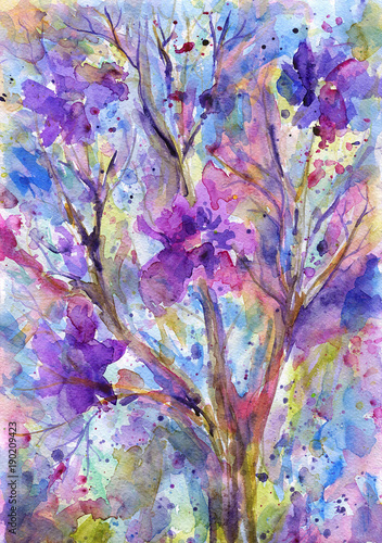 Abstract passion colorful painting of tree with flowers. Purple flowers on cherry tree or apple tree. Hand drawnn watercolor illustration photo