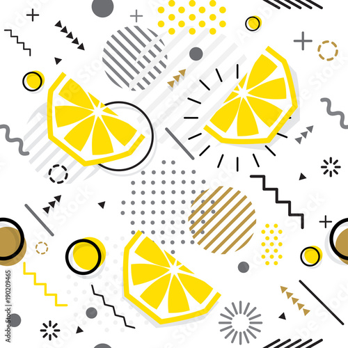 Trendy seamless, Memphis style lemon geometric pattern, vector