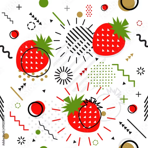 Tapety Modny bezszwowy, Memphis stylowy truskawkowy geometryczny wzór, wektor