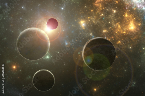 Deep space fantasy solar system, scifi 3D space illustration